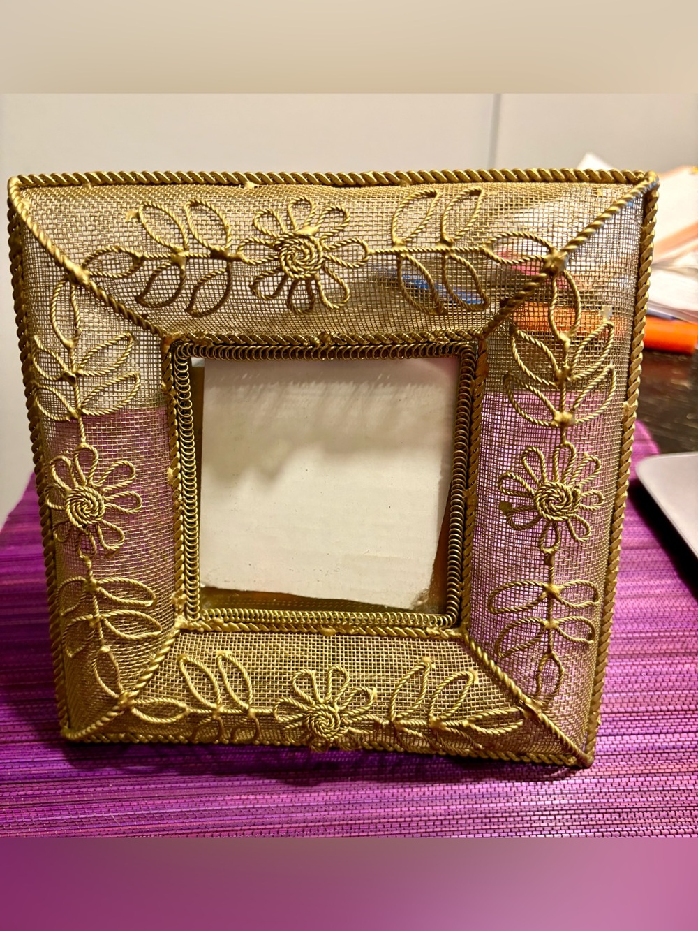 Vintage Decorative French Bee Gold-Tone Metal Mesh Floral Photo Frame